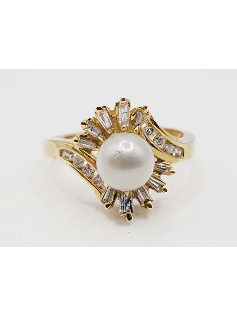 6.8mm Cultured Pearl & Diamond Halo Bypass Burst Ring 14k Gold Size 8